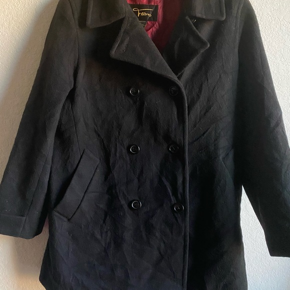 Vtg Fabio Wool Elegant Black Double-Breasted Black Peacoat Office Siren Coat L - Picture 2 of 16